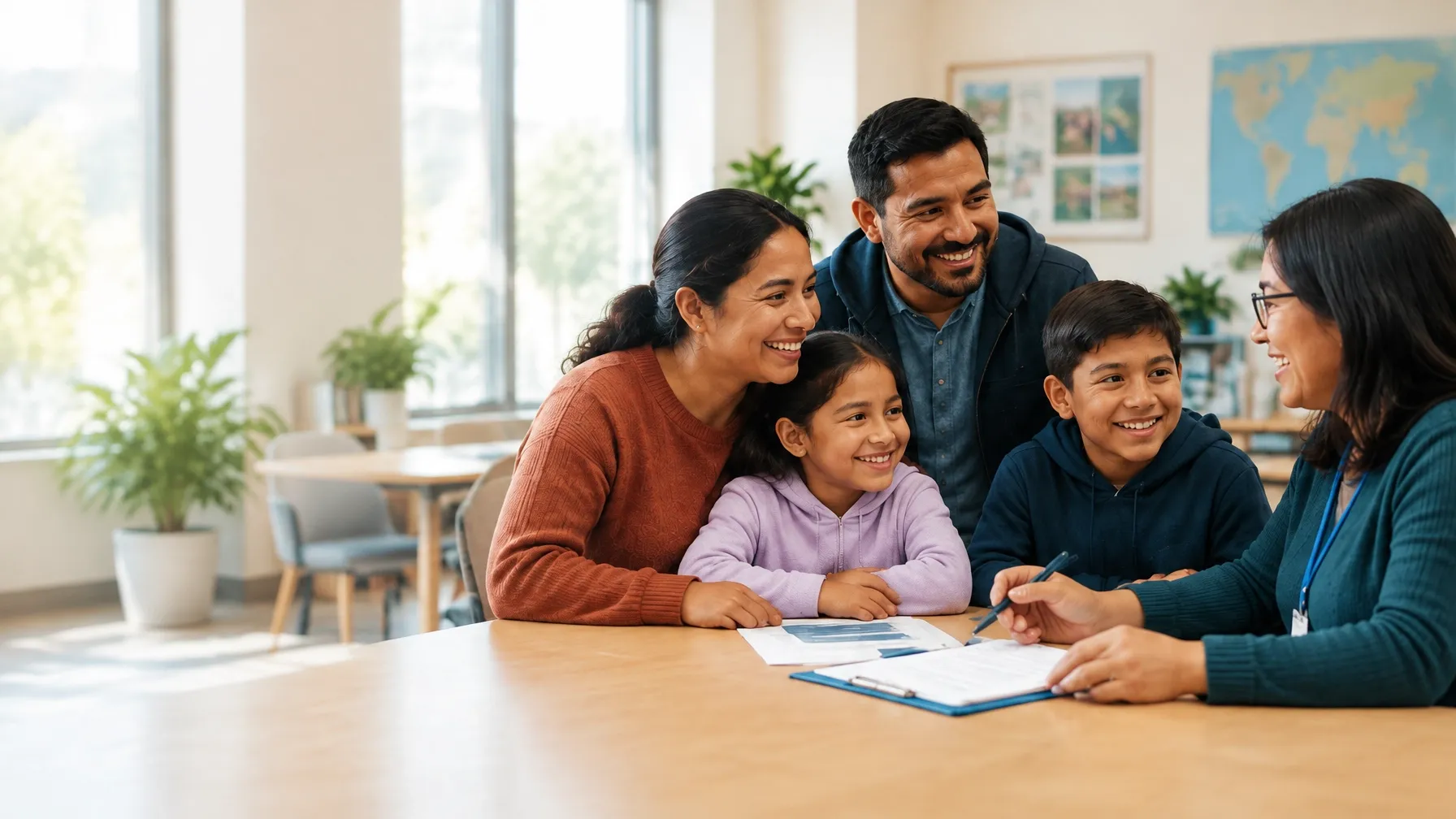 A family talking with a community support worker at a bright office table